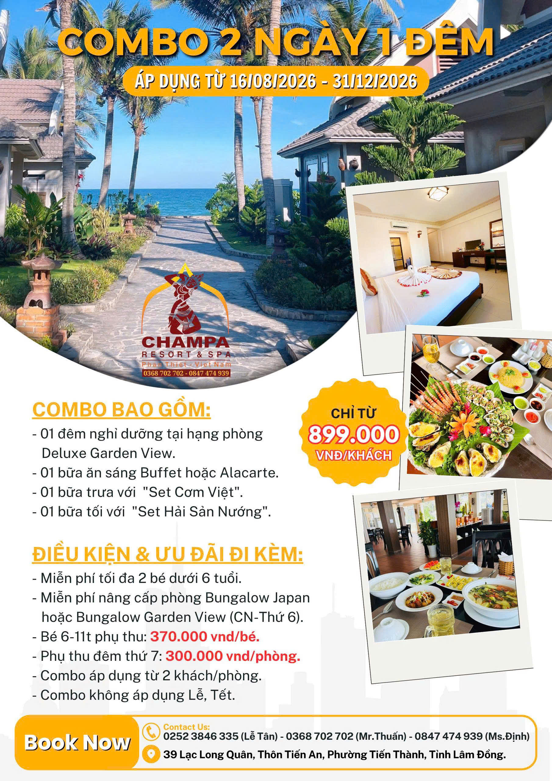 Combo 2 ngày 1 đêm tại Champa Resort & Spa – Chỉ từ 899.000 VNĐ/khách