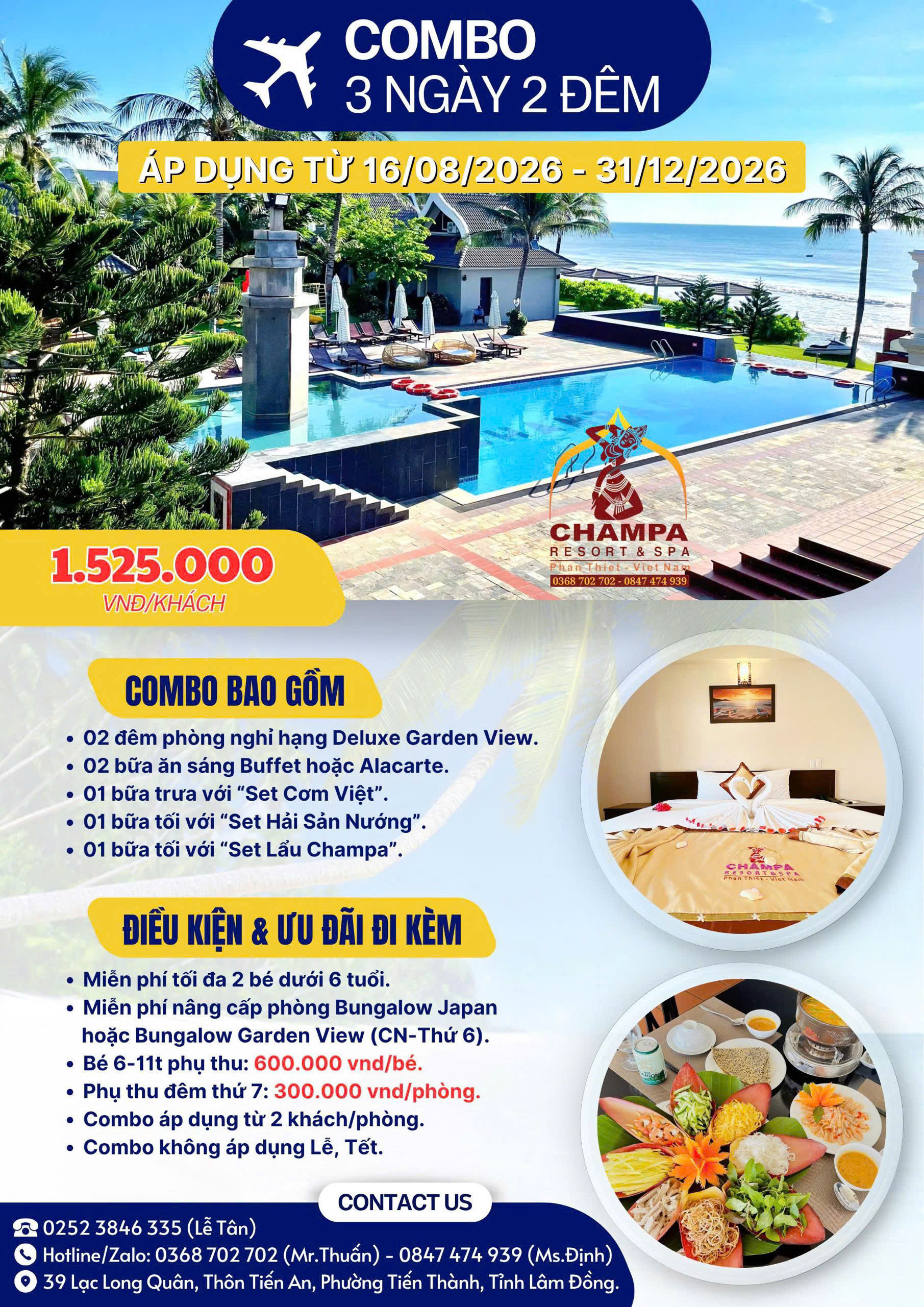 Combo 3 ngày 2 đêm tại Champa Resort & Spa – Trọn kỳ nghỉ chỉ 1.525.000 VNĐ/khách
