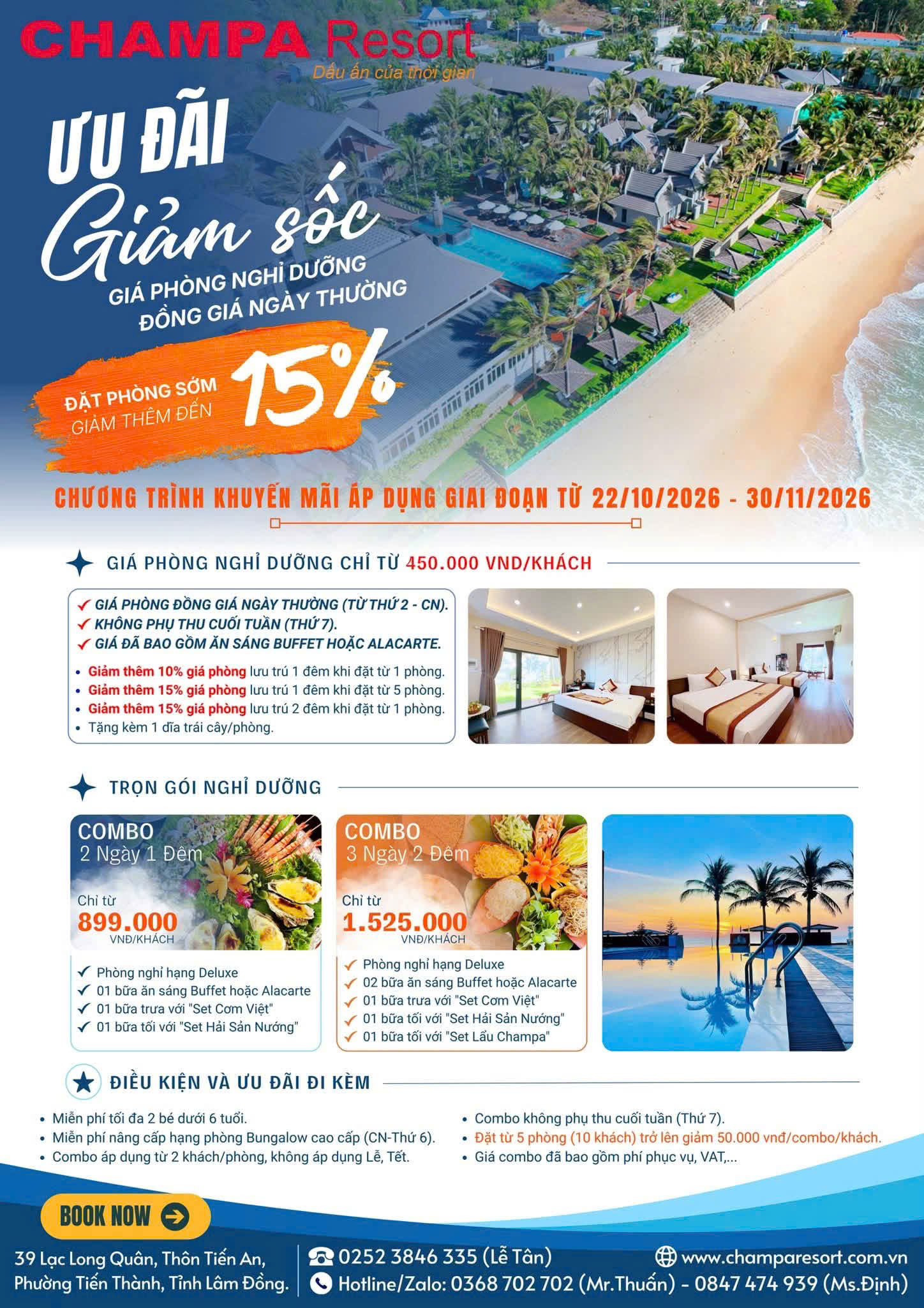 Ưu Đãi Champa Resort 2026, Giảm Giá Phòng Đến 15%, Combo Nghỉ Dưỡng Chỉ Từ 839.000đ