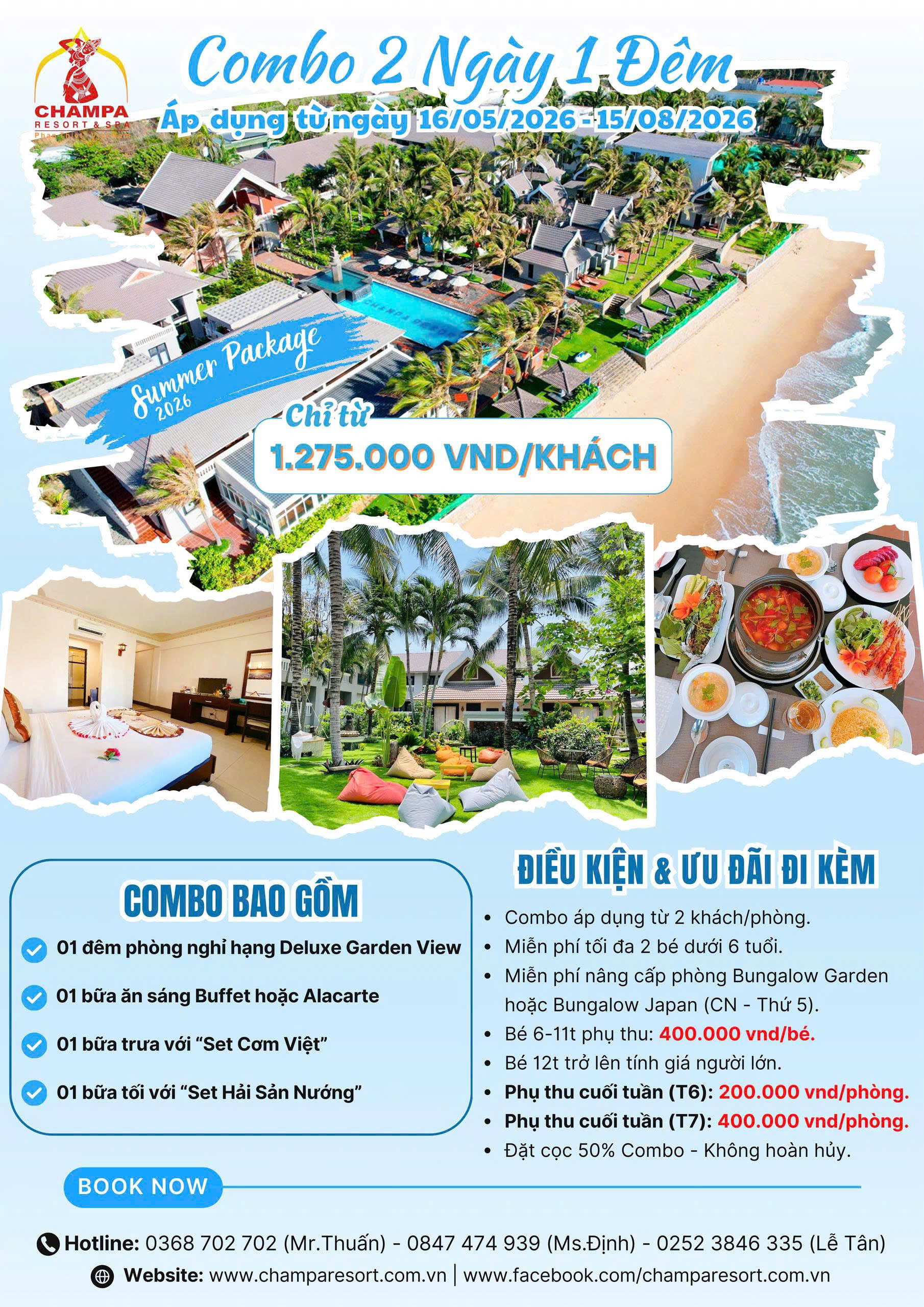 ☀️ CHÀO HÈ RỰC RỠ – COMBO 2N1Đ TRỌN GÓI CHỈ 1.275K TẠI CHAMPA RESORT & SPA 🌊